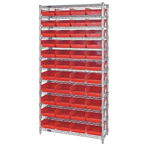 Steel, Polypropylene Bin Shelving, 36 in W x 74 in H x 12 in D, 12 Shelves, Red