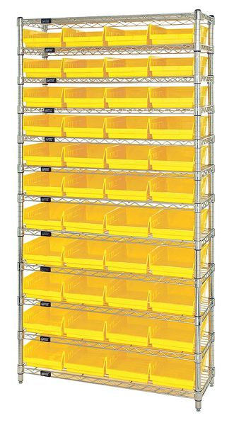 Steel, Polypropylene Bin Shelving, 36 in W x 74 in H x 12 in D, 12 Shelves, Yellow