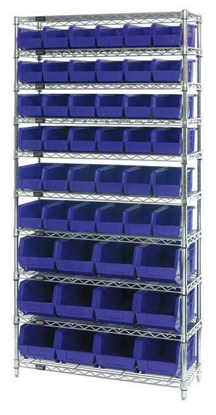 Steel Bin Shelving, 36 in W x 74 in H x 14 in D, 10 Shelves, Blue