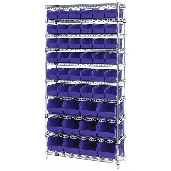 Steel Bin Shelving, 36 in W x 74 in H x 14 in D, 10 Shelves, Blue