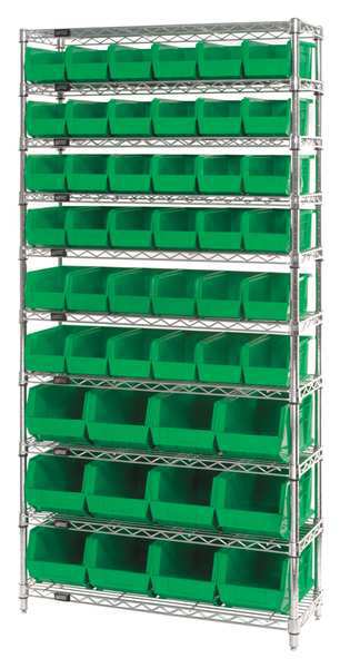 Steel Bin Shelving, 36 in W x 74 in H x 14 in D, 10 Shelves, Green