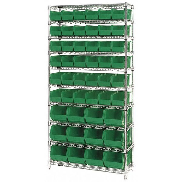 Steel Bin Shelving, 36 in W x 74 in H x 14 in D, 10 Shelves, Green