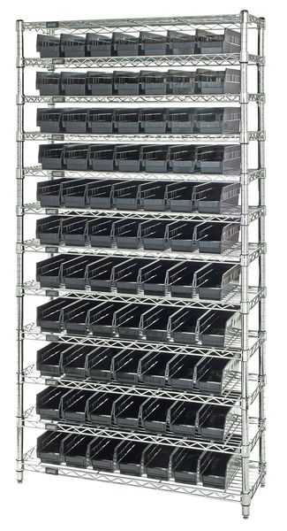 Steel Bin Shelving, 36 in W x 74 in H x 12 in D, 12 Shelves, Black