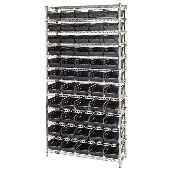 Steel, Polypropylene Bin Shelving, 36 in W x 74 in H x 12 in D, 12 Shelves, Black
