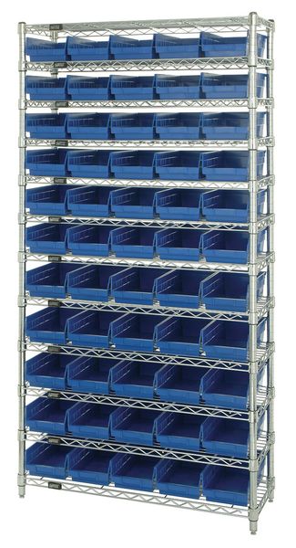 Steel, Polypropylene Bin Shelving, 36 in W x 74 in H x 12 in D, 12 Shelves, Blue