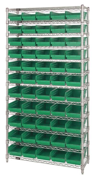 Steel, Polypropylene Bin Shelving, 36 in W x 74 in H x 12 in D, 12 Shelves, Green