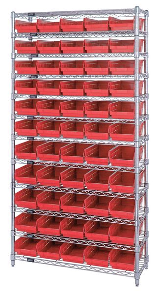 Steel, Polypropylene Bin Shelving, 36 in W x 74 in H x 12 in D, 12 Shelves, Red
