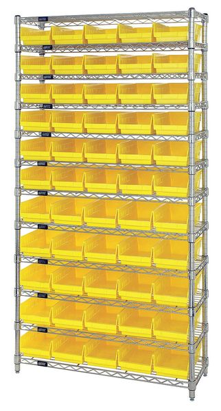 Steel, Polypropylene Bin Shelving, 36 in W x 74 in H x 12 in D, 12 Shelves, Yellow