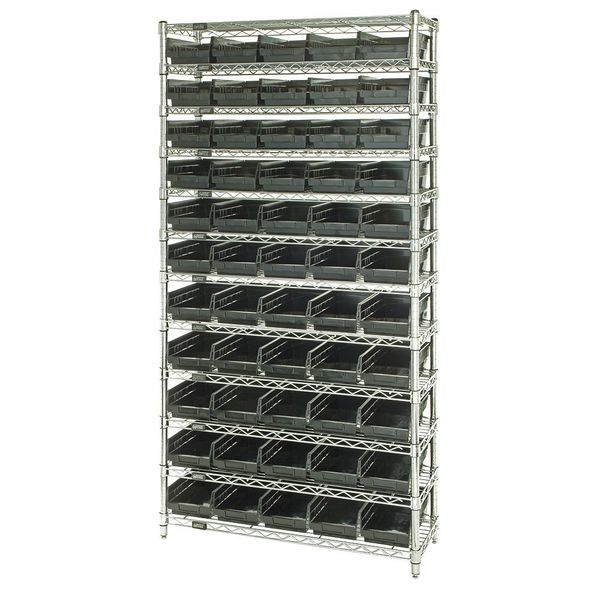 Steel, Polypropylene Bin Shelving, 36 in W x 74 in H x 24 in D, 12 Shelves, Black