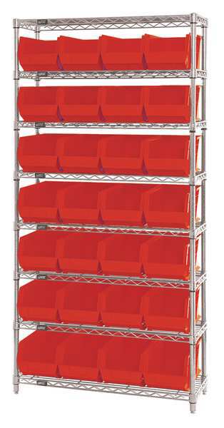 Steel, Polypropylene Bin Shelving, 36 in W x 74 in H x 14 in D, 8 Shelves, Red