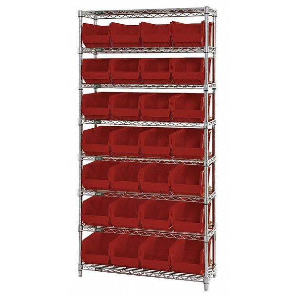 Steel, Polypropylene Bin Shelving, 36 in W x 74 in H x 14 in D, 8 Shelves, Red