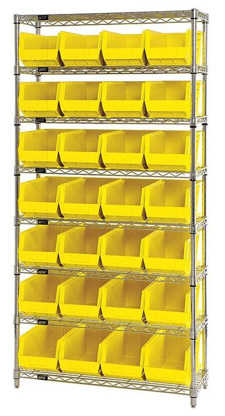 Steel, Polypropylene Bin Shelving, 36 in W x 74 in H x 14 in D, 8 Shelves, Yellow
