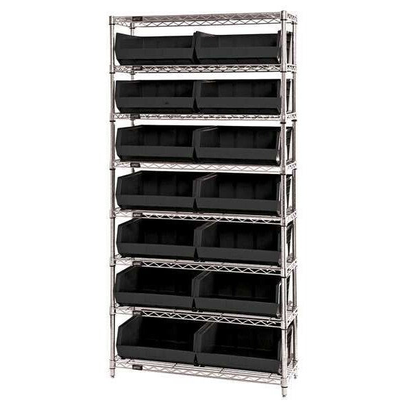 Steel, Polypropylene Bin Shelving, 36 in W x 74 in H x 14 in D, 8 Shelves, Black