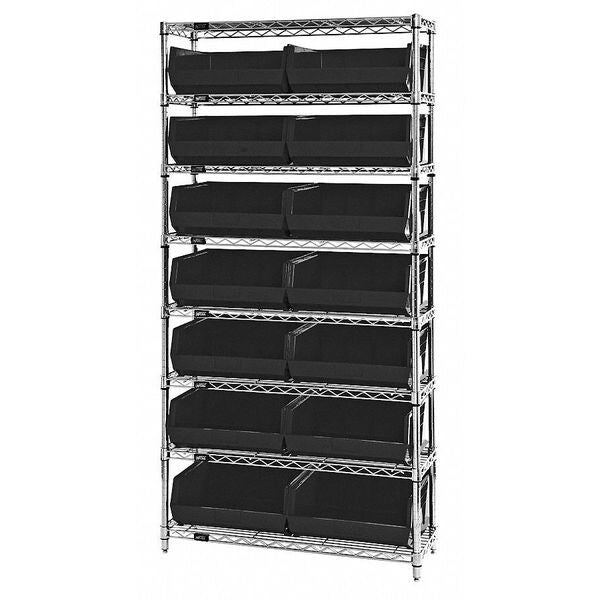 Steel, Polypropylene Bin Shelving, 36 in W x 74 in H x 14 in D, 8 Shelves, Black