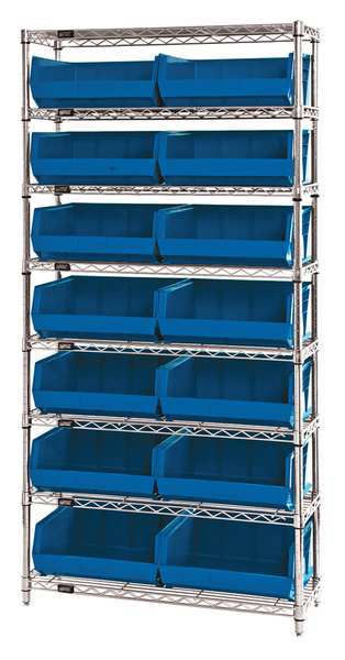 Steel, Polypropylene Bin Shelving, 36 in W x 74 in H x 14 in D, 8 Shelves, Blue