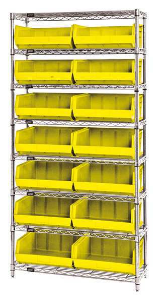 Steel, Polypropylene Bin Shelving, 36 in W x 74 in H x 14 in D, 8 Shelves, Yellow