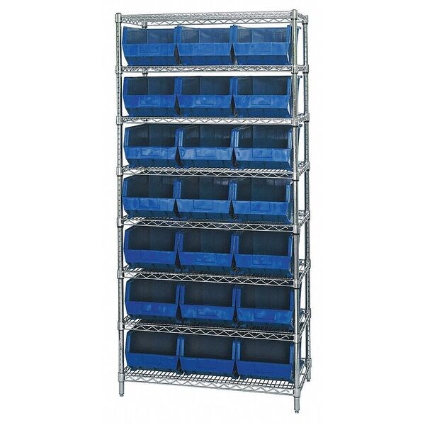Steel, Polypropylene Bin Shelving, 36 in W x 74 in H x 18 in D, 8 Shelves, Blue