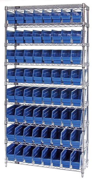 polypropylene Bin Shelving, 36 in W x 74 in H x 12 in D, 9 Shelves, Blue