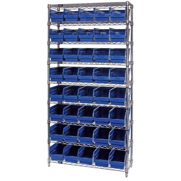 polypropylene Bin Shelving, 36 in W x 74 in H x 12 in D, 9 Shelves, Blue