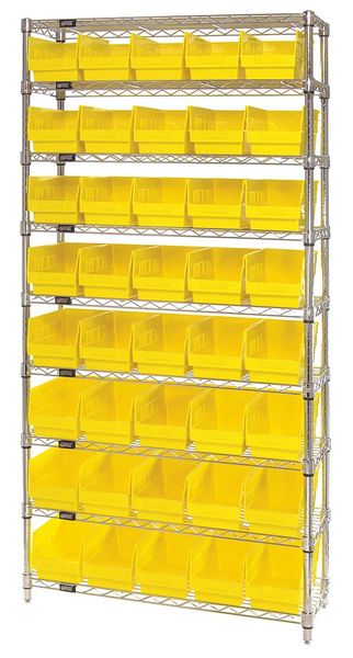 polypropylene Bin Shelving, 36 in W x 74 in H x 12 in D, 9 Shelves, Yellow