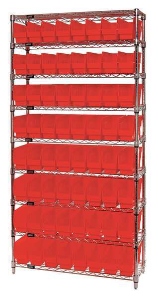 polypropylene Bin Shelving, 36 in W x 74 in H x 18 in D, 9 Shelves, Red