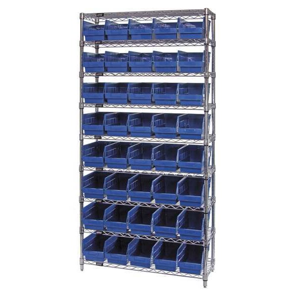 polypropylene Bin Shelving, 36 in W x 74 in H x 18 in D, 9 Shelves, Blue