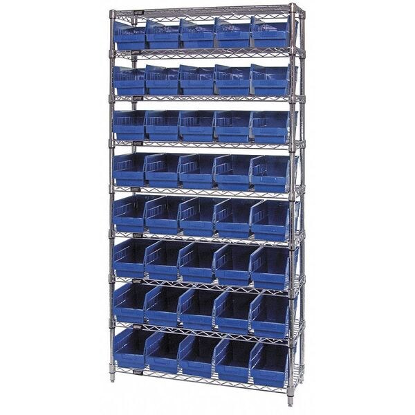 polypropylene Bin Shelving, 36 in W x 74 in H x 18 in D, 9 Shelves, Blue