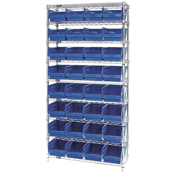 polypropylene Bin Shelving, 36 in W x 74 in H x 12 in D, 9 Shelves, Blue