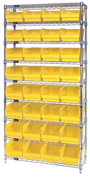 polypropylene Bin Shelving, 36 in W x 74 in H x 12 in D, 9 Shelves, Yellow