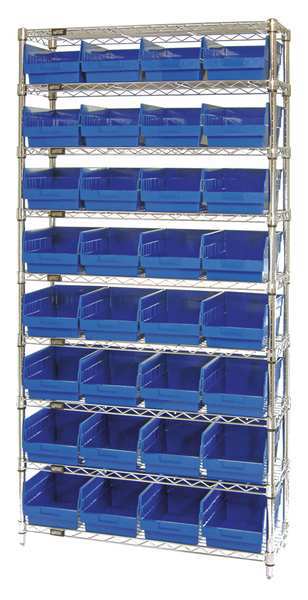 polypropylene Bin Shelving, 36 in W x 74 in H x 18 in D, 9 Shelves, Blue