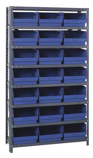 Steel Bin Shelving, 36 in W x 75 in H x 12 in D, 8 Shelves, Blue
