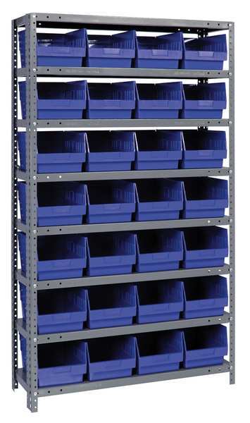 Steel Bin Shelving, 36 in W x 75 in H x 18 in D, 8 Shelves, Blue