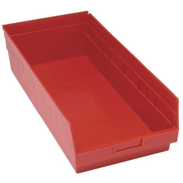 Shelf Storage Bin, Red, Polypropylene, 23 5/8 in L x 11 1/8 in W x 8 in H, 75 lb Load Capacity