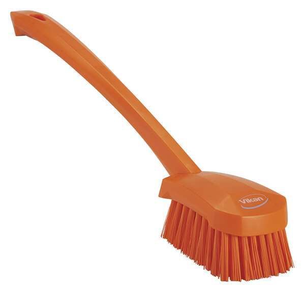 2 3/4 in W Scrub Brush, Stiff, 11 51/64 in L Handle, 4 1/2 in L Brush, Orange, Plastic