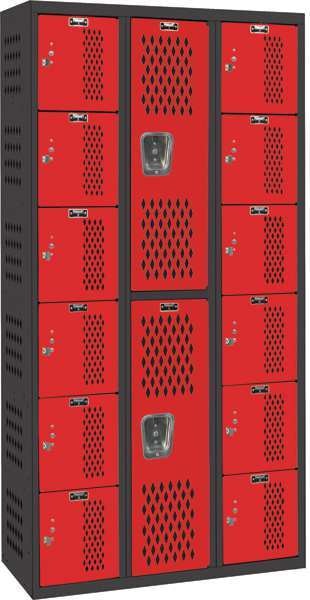 Box Locker/Wardrobe Combo, 36 in W, 18 in D, 72 in H, (3) Wide, (6) and (2) Tier, Red/Black