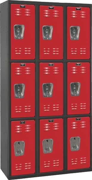 Wardrobe Locker, 36 in W, 18 in D, 72 in H, (3) Tier, (3) Wide, Red/Black