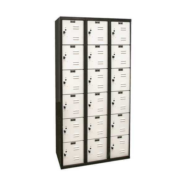 Box Locker, 36 in W, 18 in D, 72 in H, (3) Wide, (6) Tier, Light Gray/Black