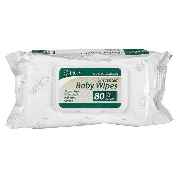 Baby Wipes, White, Pack, Paper, 80 Wipes, 6 5/8 in x 7 7/8 in, Unscented