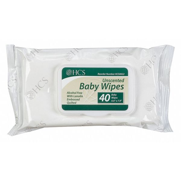 Baby Wipes, White, Pack, Paper, 12 PK, 40 Wipes, 6 5/8 in x 7 7/8 in, Unscented