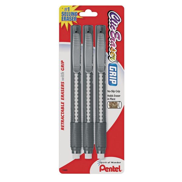 Retractable Eraser Set, Blk, Blue, Red, 3 Pc