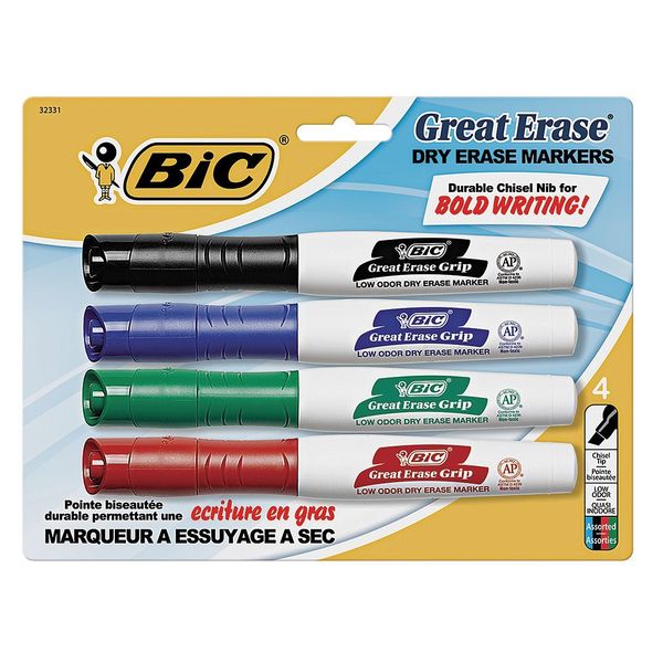 Dry Erase Marker, Black, Blu, Green, Red, 4PK