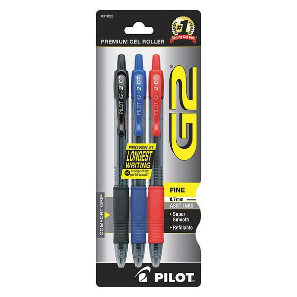 Roller Ball Gel Roller Ball Pen, Fine 0.7 mm, Black, Blue, Red PK3