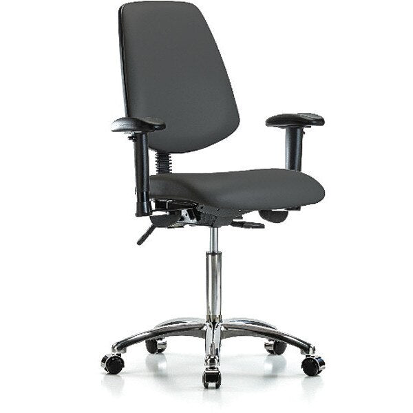 Bench Chair, Vinyl, Med, Bk, Cast, Gry, Caster Type: Rolling