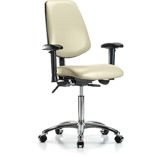 Bench Chair, Vinyl, Med, Bk, Cast, Wht, Caster Type: Rolling