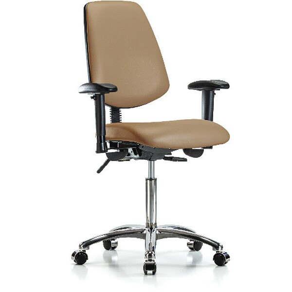 Bench Chair, Vinyl, Med, Bk, Cast, Taupe, Arm Style: 6-Way Adjustable