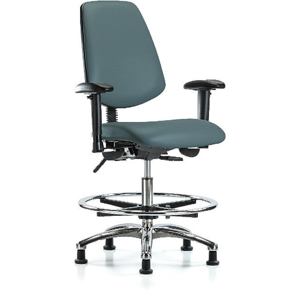 Bench Chair, Vinyl, Med, Bk, CF, Glds, Blu, Arm Style: 6-Way Adjustable