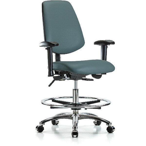 Bench Chair, Vinyl, Med, Bk, CF, Cast, Blu, Arm Style: 6-Way Adjustable