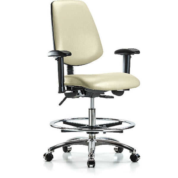 Bench Chair, Vinyl, Med, Bk, CF, Cast, Wht, Caster Type: Rolling