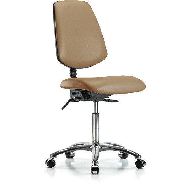 Bench Chair, Vinyl, Med, Bk, Cast, Taupe, Caster Type: Rolling