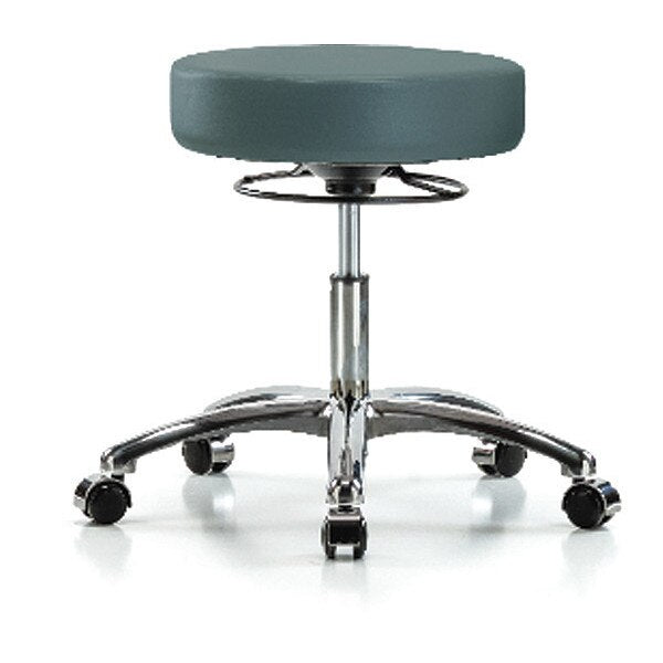 Desk Stool, Vinyl, Chrome, Casters, Blu